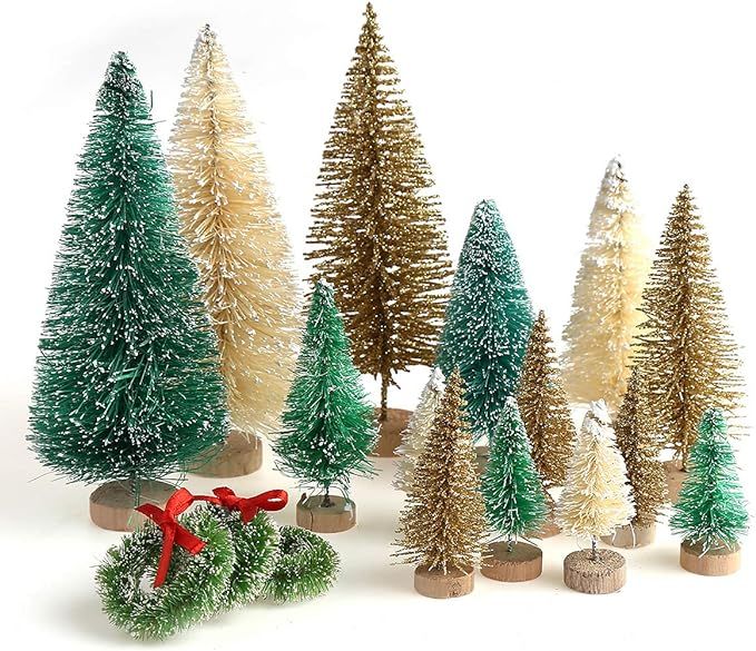 30 Pieces Miniature Sisal Frosted Christmas Trees Bottle Brush Mini Trees Plastic Tabletop Trees ... | Amazon (US)