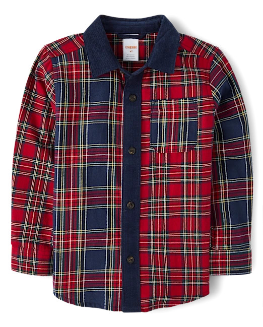 Boys Long Sleeve Plaid Colorblock Flannel Button Up Shirt - Royal Christmas - BLUE | Gymboree | Gymboree