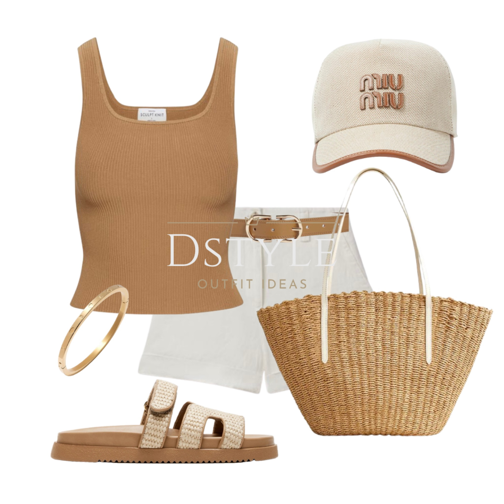 Camel knit tank top, white linen shorts, raffia platform slide sandals, woven straw tote bag, Miu Miu baseball cap

#LTKStyleTip #LTKSeasonal #LTKTravel