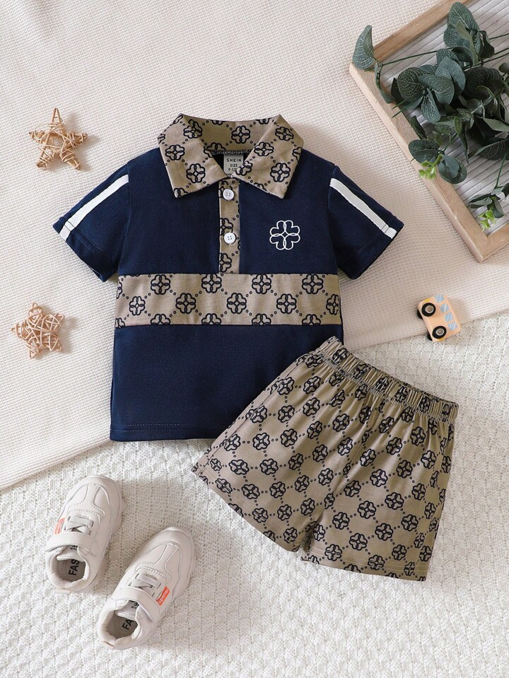 Baby Boy Geo Graphic Contrast Tape Polo Shirt & Shorts | SHEIN