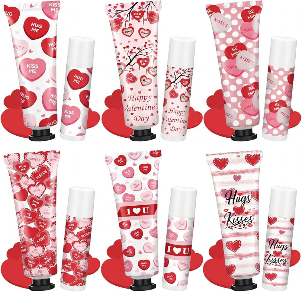 Demissle 6 Sets Valentine's Day Party Favor Gifts Galentine's Hand Cream Lip Balm Bulk Set Red Ca... | Amazon (US)