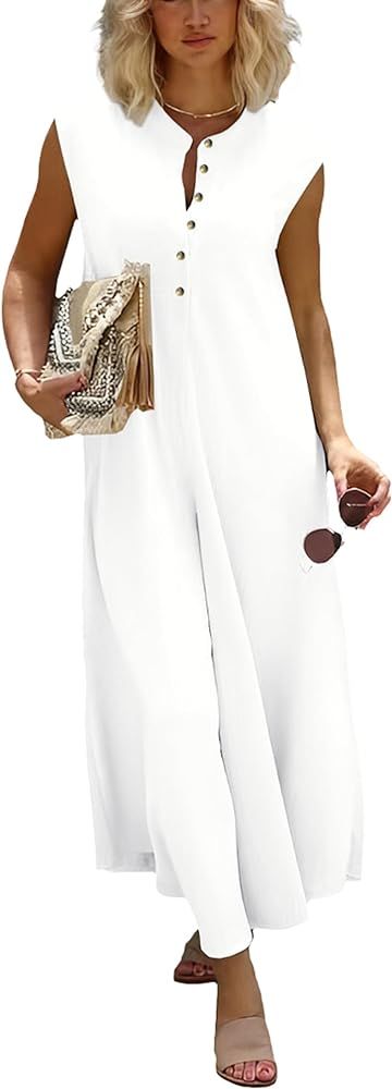AIIYYQB Women's Summer Sleeveless Wide Leg Jumpsuit Casual Loose Button Down Pants Suit Romper | Amazon (US)