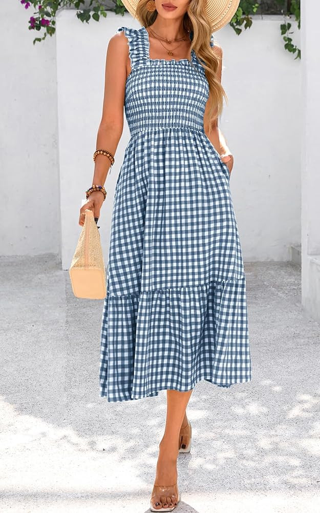 PRETTYGARDEN Womens Summer Dress Casual Square Neck Ruffle Strap Gingham Smocked Midi Flowy A Lin... | Amazon (US)