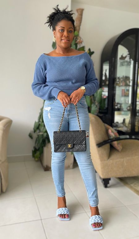 Summer to fall transitional outfit - blue off the shoulder cropped sweater,  high waisted jeans & blue braided heels 

#LTKstyletip #LTKSeasonal #LTKunder50