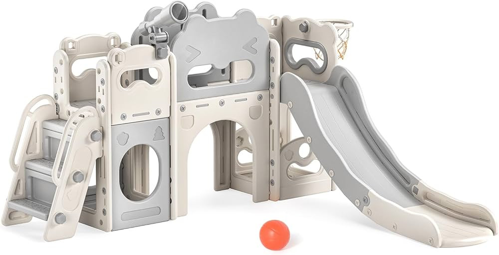 7-in-1 Toddler Slide Set, Indoor Slide for Kids with Climber, Basketball Hoop, Tunnel and Storage... | Amazon (US)