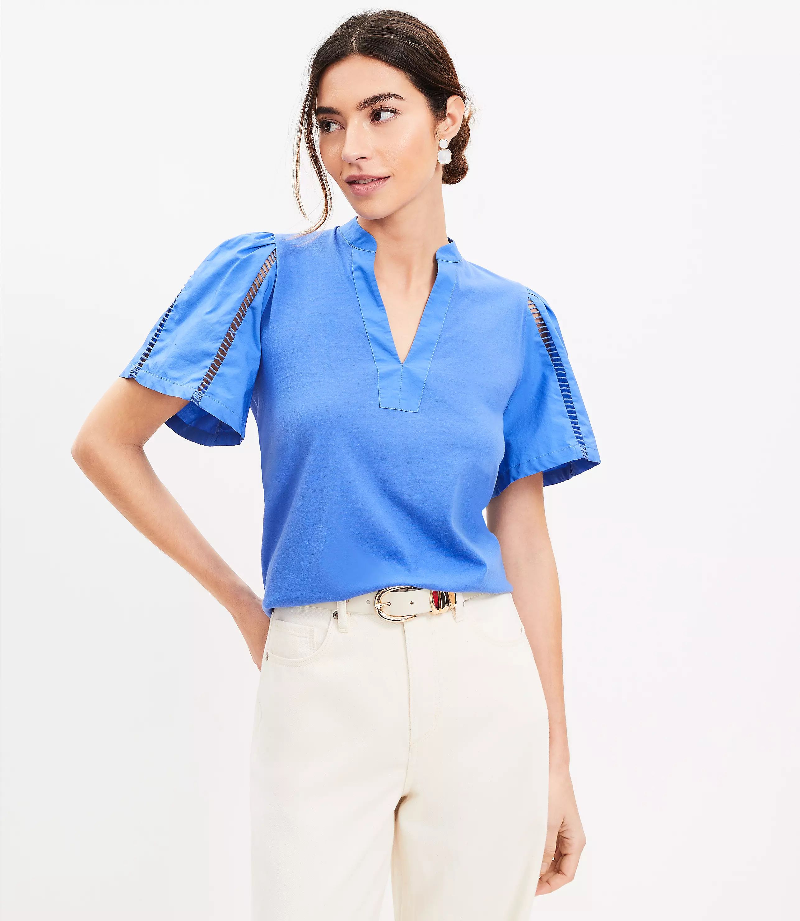 Cutout Mixed Media Flutter Sleeve Top | LOFT