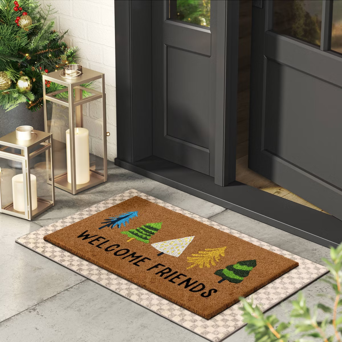 1'6"x2'6" Christmas 'Welcome Friends' Tree Coir Doormat Green/Blue/White - Wondershop™ | Target