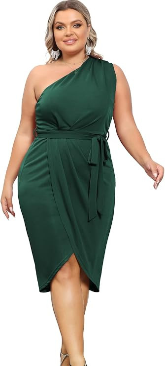 Hanna Nikole Women's Plus Size One Shoulder Bodycon Dresses Glitter Wrap Hem Belted Cocktail Midi... | Amazon (US)