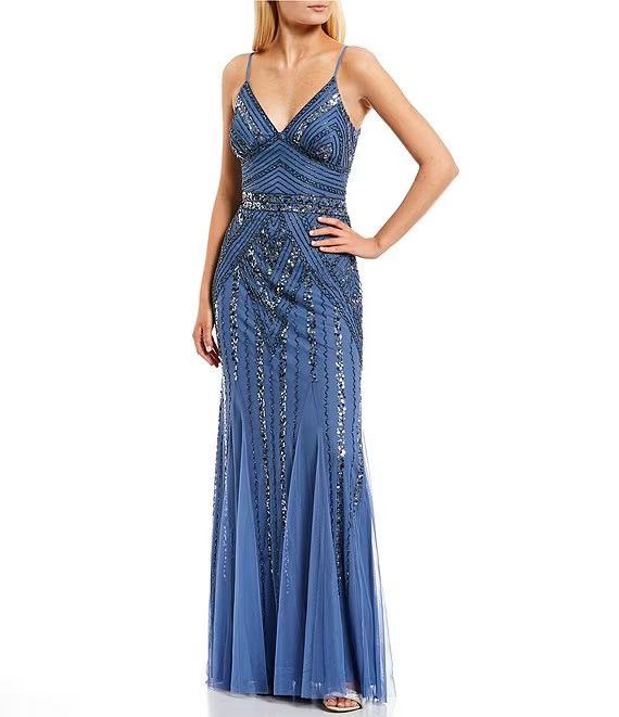 Spaghetti Strap V-Neck Beaded Long Dress | Dillard's