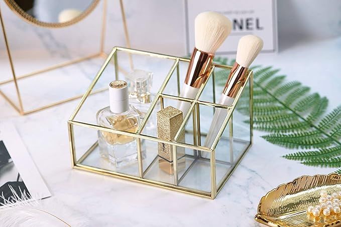 PuTwo Makeup Organizer Vintage 5 Compartments Glass & Metal Cosmetic Organizer Brass Makeup Stora... | Amazon (US)