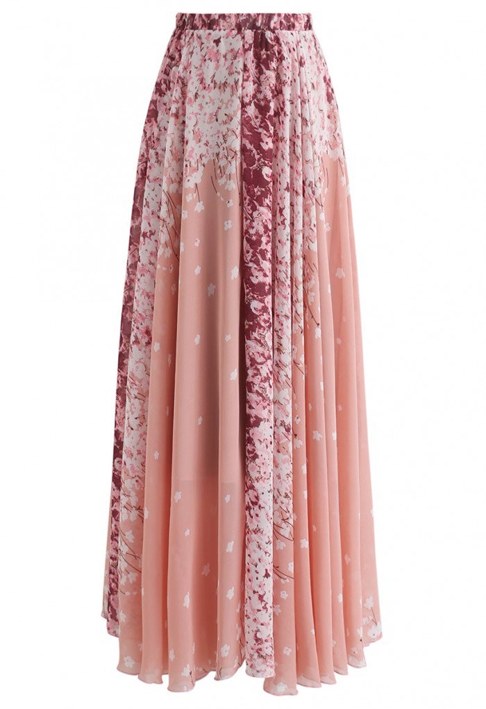 Cherry Blossom Watercolor Chiffon Maxi Skirt | Chicwish