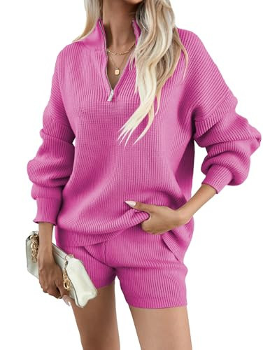Famulily Womens 2 Piece Outfits Pj Set V Neck Long Sleeve Sweat Suits Quarter Zip Athletic Clothing Sets Hot Pink S | Amazon (US)