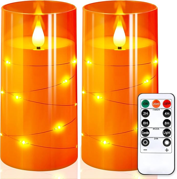 3"x6"Flickering Flameless Candles: Built-in Star String Lights 3D Wick Battery Operated LED Pillar Candles with Remote and Timer for Halloween Thanksgiving Dinner Tables Home Fall Decor Orange | Amazon (US)
