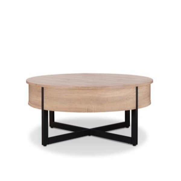 Round Wood and Metal Coffee Table with One Drawer, Natural Brown and Black | Bed Bath & Beyond