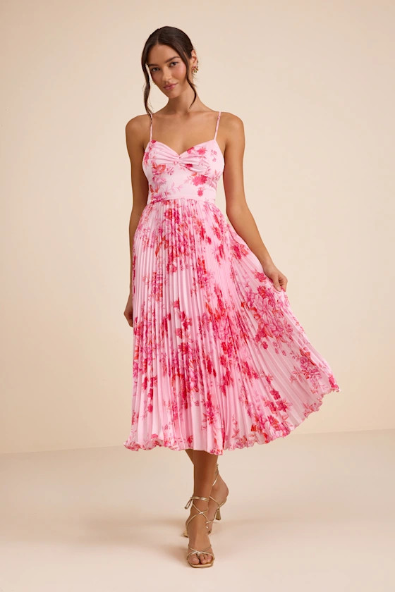 Francette Pink Floral Satin Pleated Midi Dress | Lulus