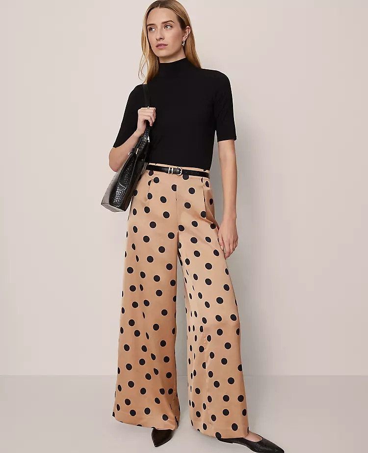 The Petite Dotted Dramatic Wide-Leg Satin Pant | Ann Taylor