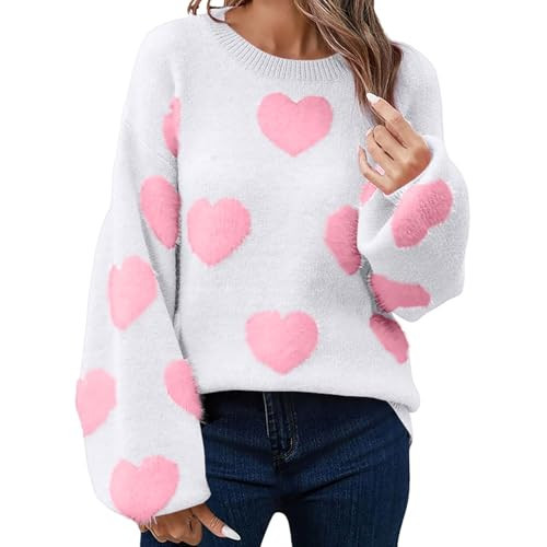 BRADEM Valentines Heart Sweater for Women Romantic Soft Warm Comfort Cute Knit Pullover Sweatshirt Valentine's Day Outfit White | Amazon (US)