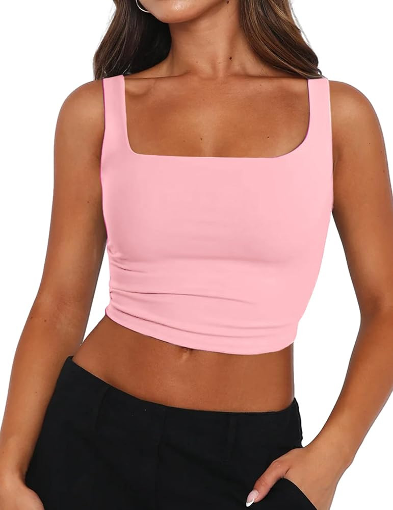 Zeagoo Women's Square Neck Sleeveless Crop Tops 2025 Cute Double Layer Seamless Slim Fit Y2k Tank... | Amazon (US)