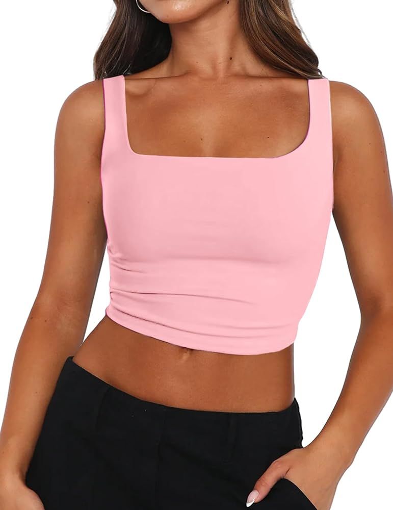 Zeagoo Women's Square Neck Sleeveless Crop Tops 2024 Cute Double Layer Seamless Slim Fit Y2k Tank... | Amazon (US)