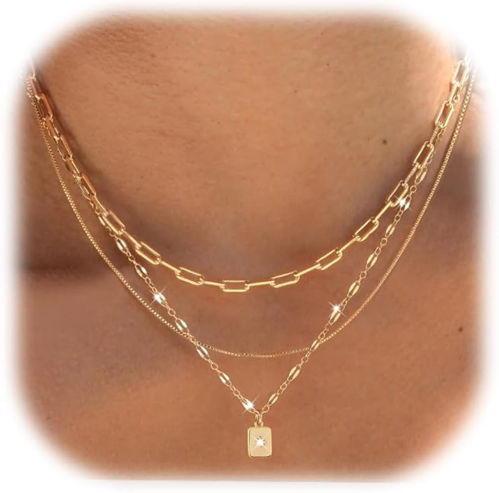 YEEZII Layered Gold Necklaces for Women Trendy, 3 Pcs 14K Gold Plated Choker Paperclip Box Chain ... | Amazon (US)