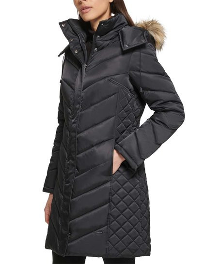 Black Faux Fur-Trim Hooded Puffer Coat - Women | Zulily