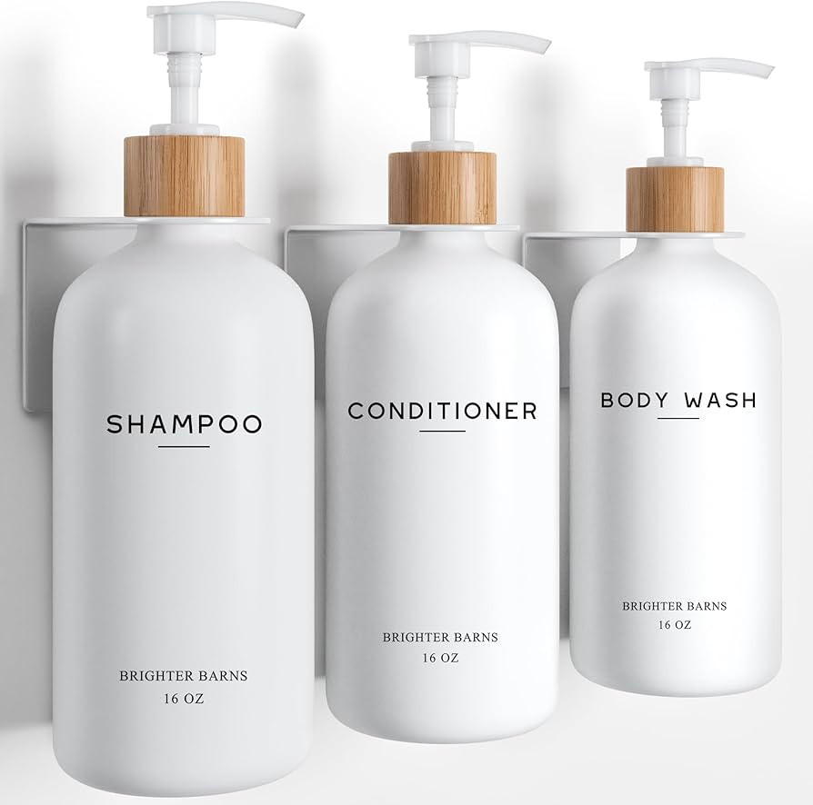 Amazon.com: White Shampoo and Conditioner Dispenser Set Wall Mounted by Brighter Barns - Shower Dispenser 3 Chamber No Drill - Refillable Shampoo and Conditioner Bottles for Shower Wall in Airbnb, Hotel (White) : Home & Kitchen | Amazon (US)