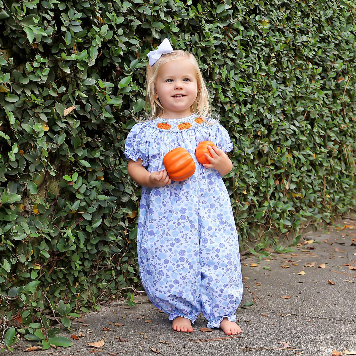 Pumpkin Patch Blue Floral Smocked Long Bubble | Classic Whimsy