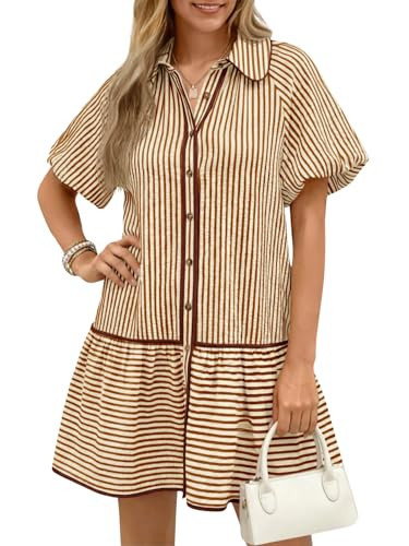 Wenrine Womens Summer Button Down Shirt Dress Casual Striped Puff Short Sleeve Collared Loose Mini Dresses with Pockets Brown | Amazon (US)