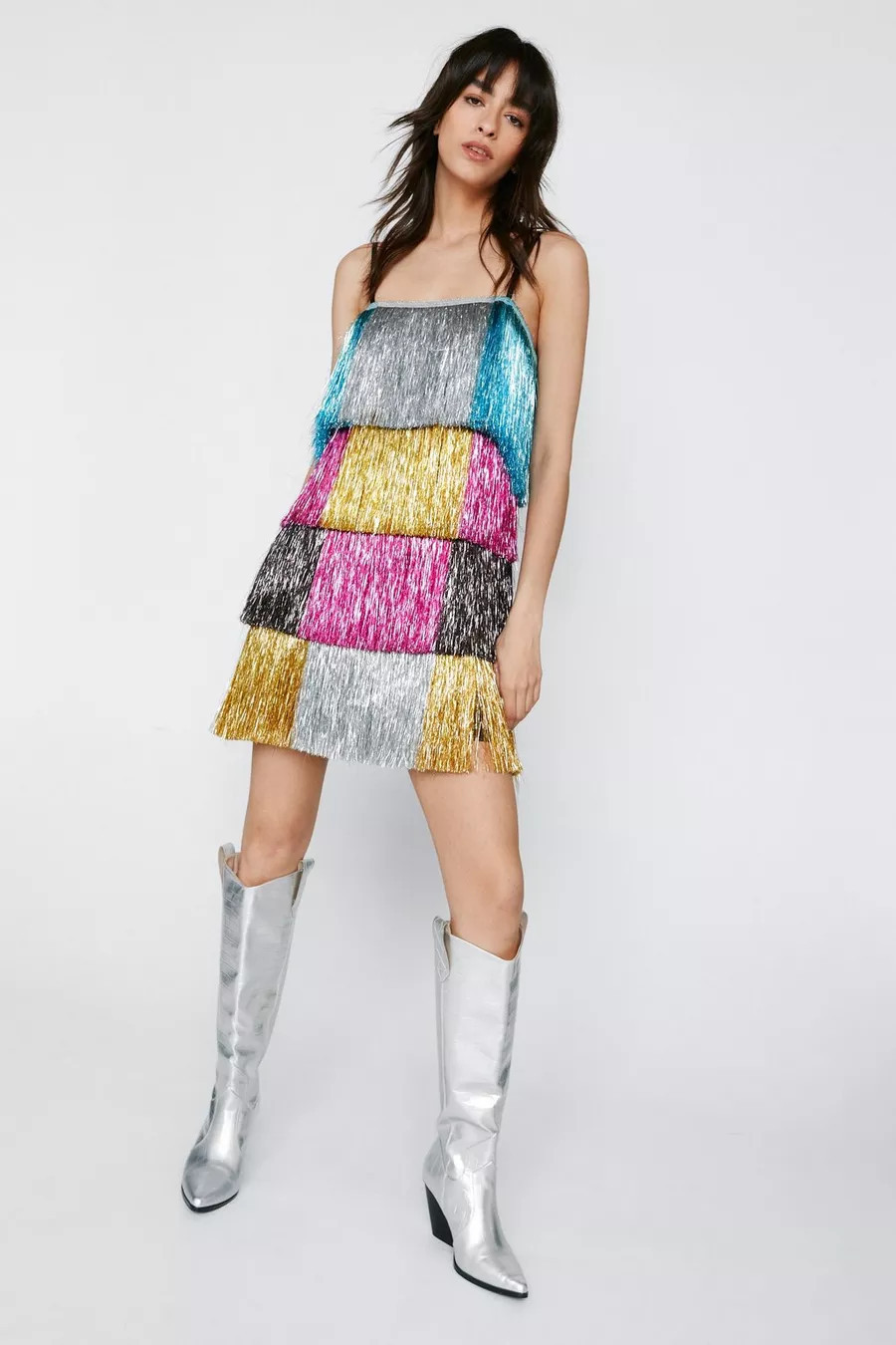 Color Block Tinsel Fringe Strappy Mini Dress | Nasty Gal (US)