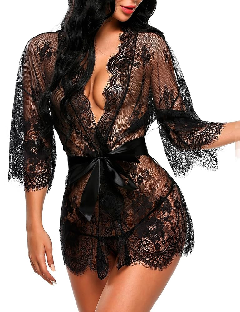 Avidlove Women's Lace Kimono Robe Babydoll Lingerie Mesh Nightgown S-5XL | Amazon (US)