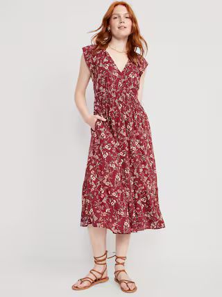 Waist-Defined Flutter-Sleeve Smocked Floral Midi Dress for Women | Old Navy (US)