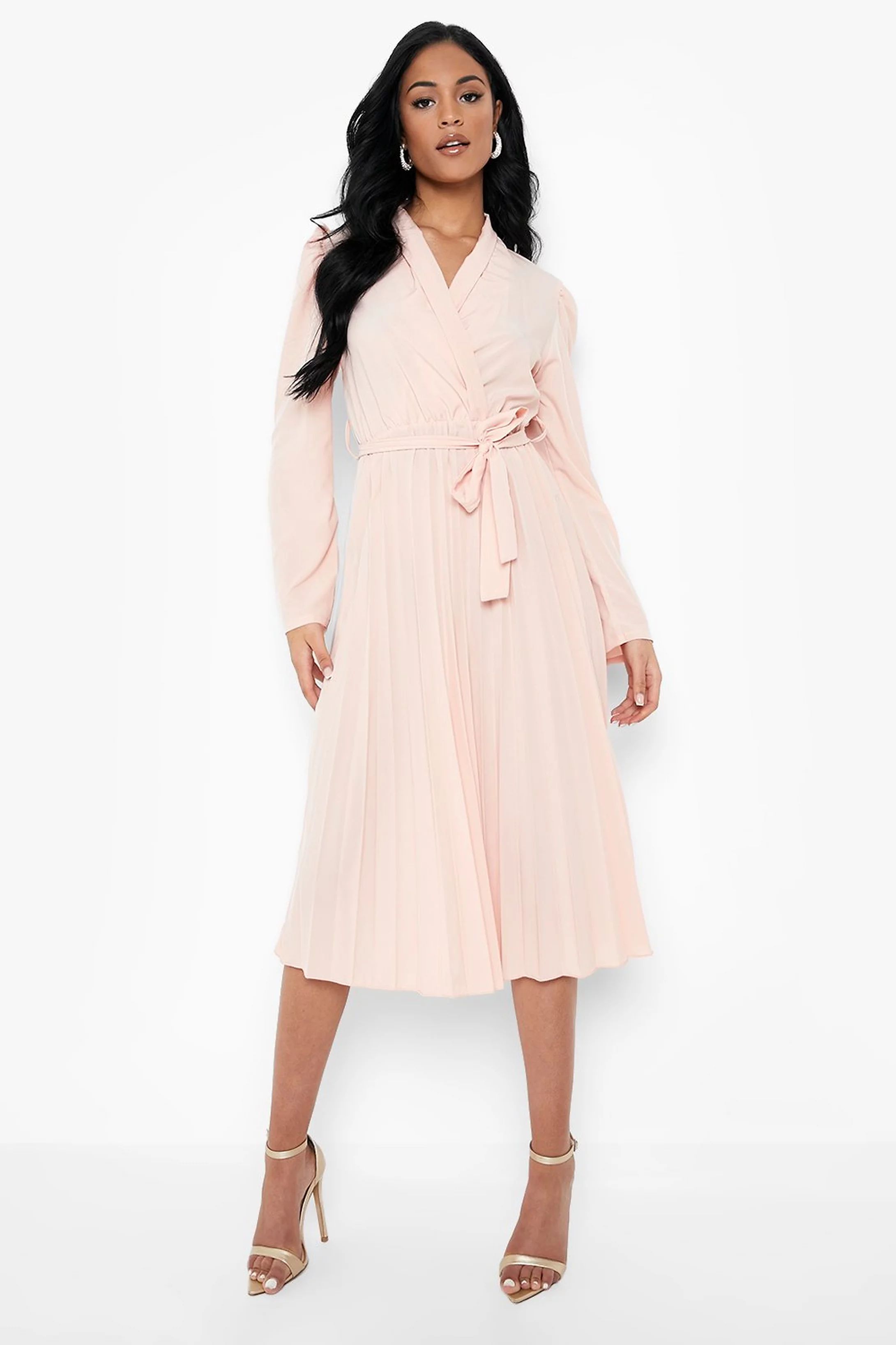 Tall Pleated Volume Sleeve Satin Midi Dress | Boohoo.com (US & CA)