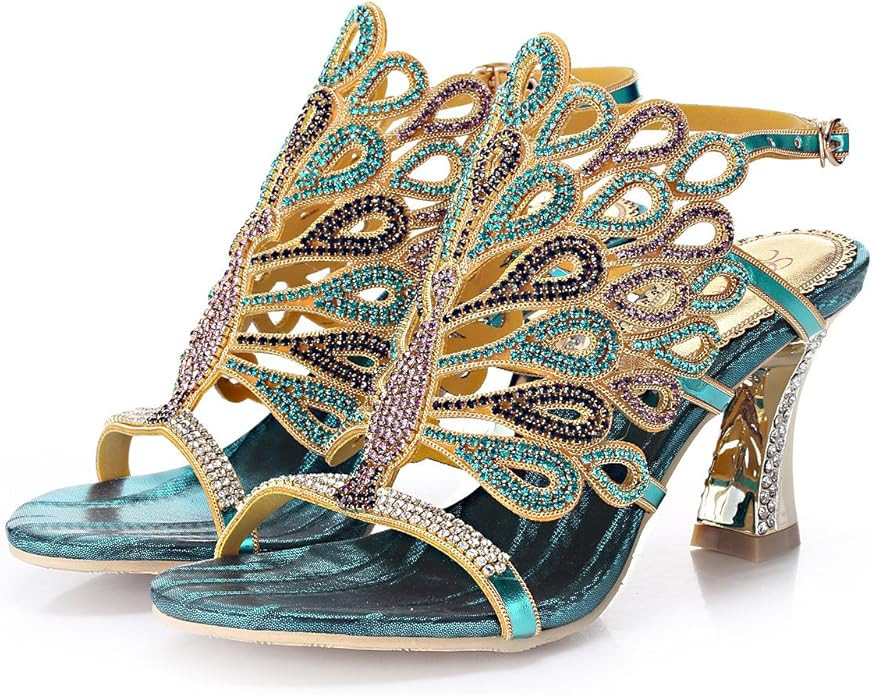 Women's Rhinestone Peacock Patterned Handmade Sandals with Chunky Heel | Amazon (US)