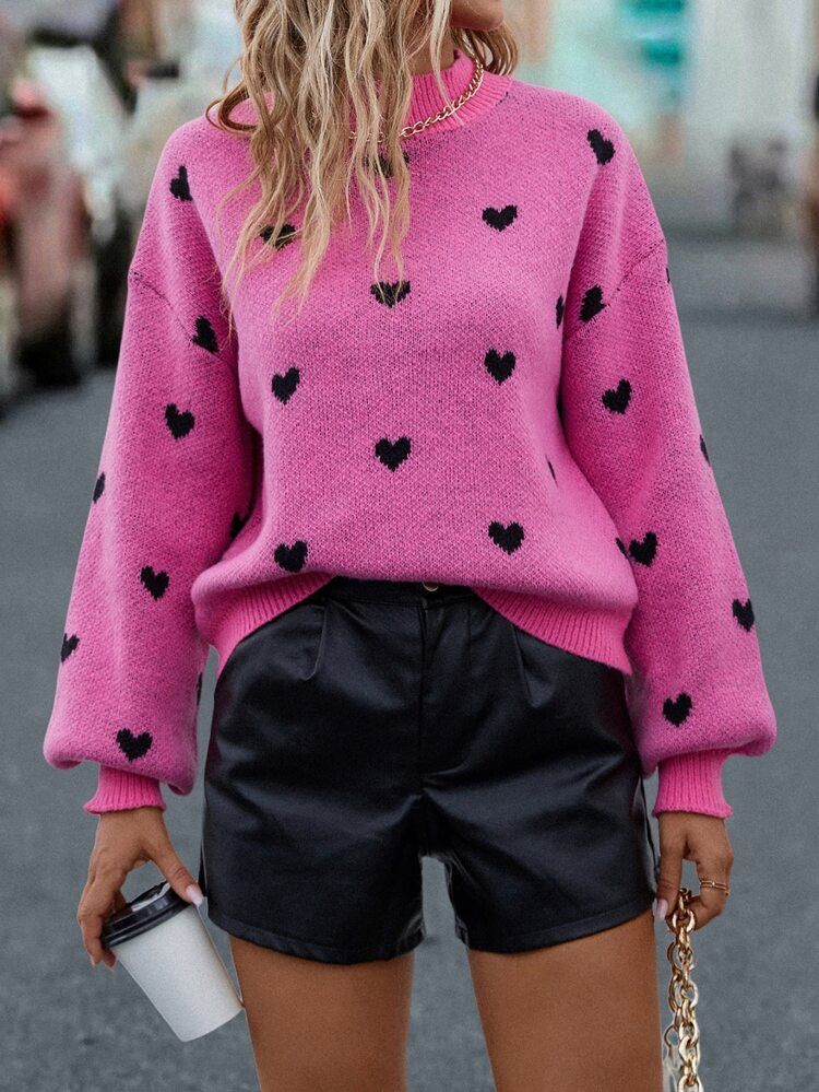 Heart Pattern Mock Neck Drop Shoulder Sweater | SHEIN