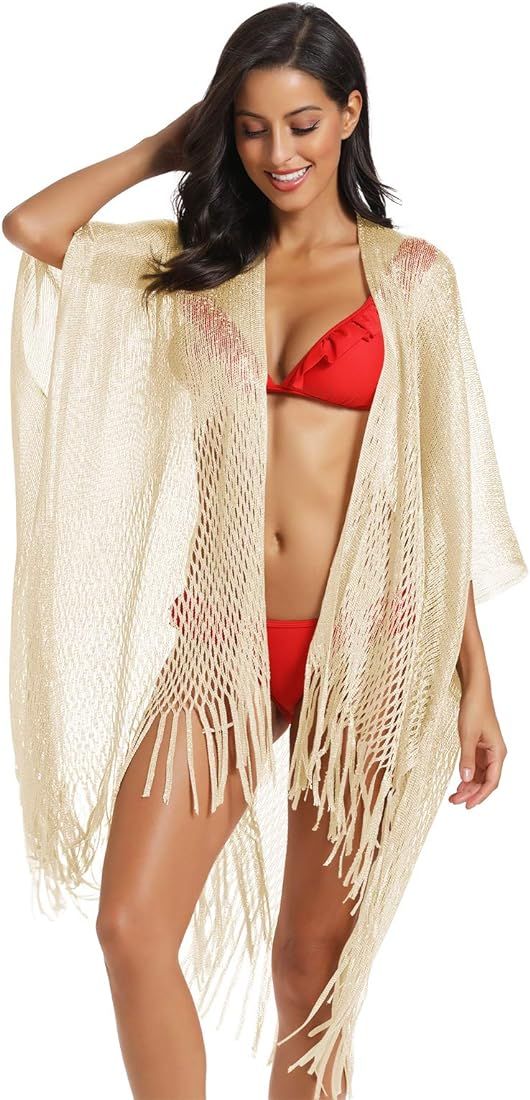 Metallic Sparkly Kimono Cardigan Swimsuit Beach Bikini Cover Ups Open Front Casual Blouse Tops | Amazon (US)