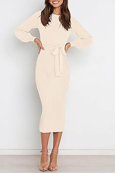 HAEOF Womens 2025 Fall Bodycon Midi Sweater Dress Ribbed Knit Trendy Puff Long Sleeve Winter Busi... | Amazon (US)