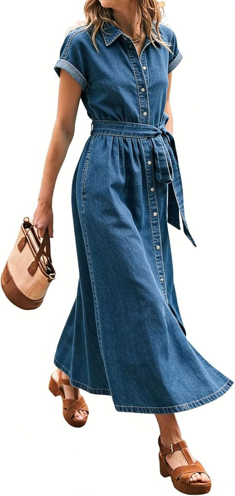 CHARTOU Women's Denim Midi Dress Short Sleeve Button Down Shirt Dress with Belted Waist for Casua... | Amazon (US)