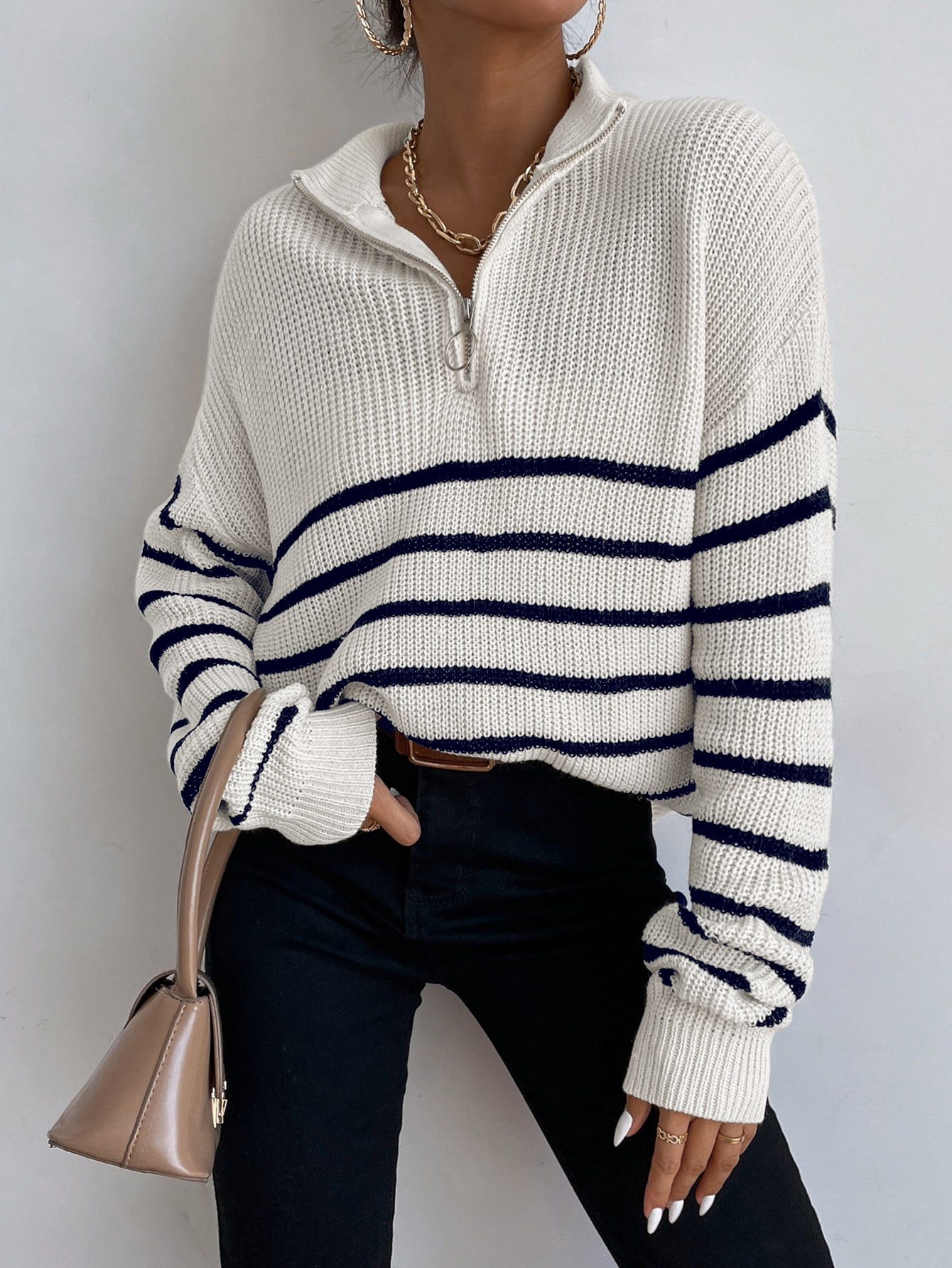 SHEIN Frenchy Striped Drop Shoulder Zipper Front Sweater | SHEIN USA | SHEIN