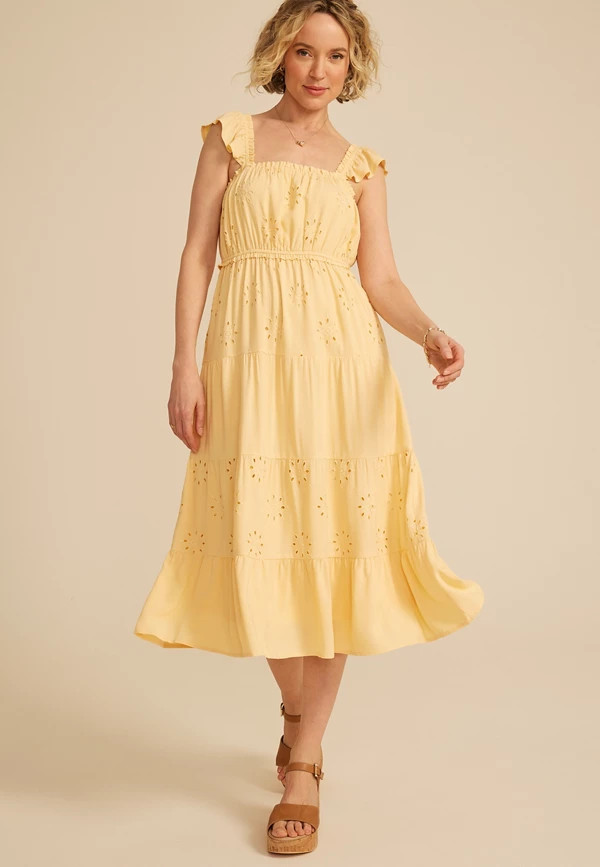 Eyelet Flutter Sleeve Midi Dress | Maurices