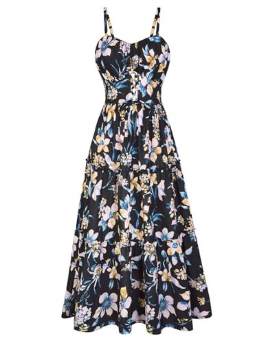 GRACE KARIN Women's Summer Floral Dress 2026 Spaghetti Strap Smocked Tiered Casual Boho Maxi Long Sundress with Pockets Black Yellow Floral L | Amazon (US)