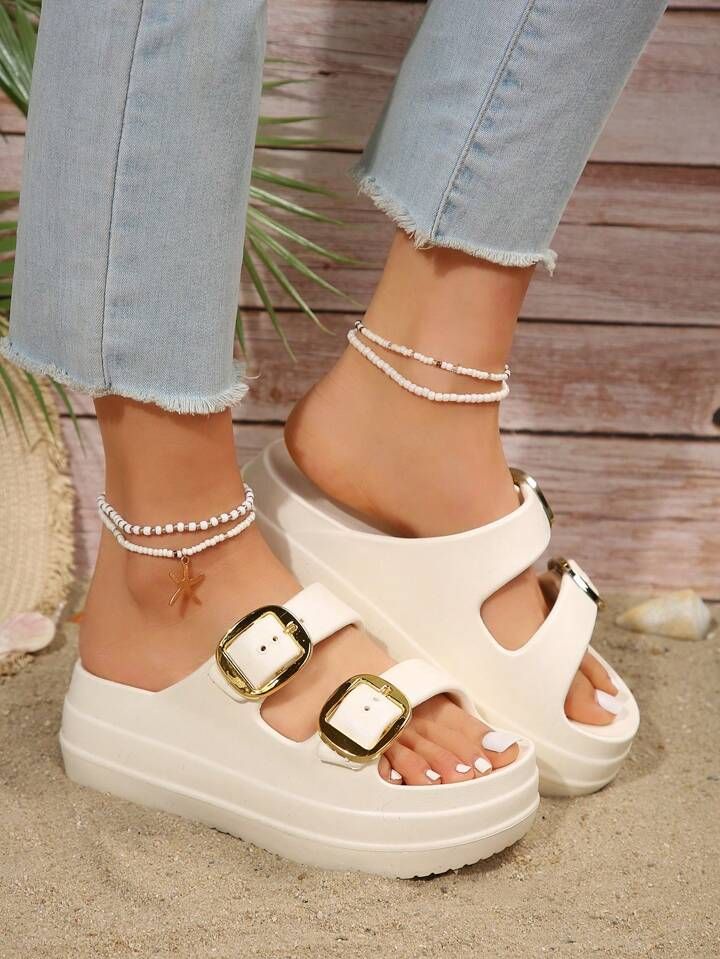 Ladies' Stylish And Comfortable White Sandals With Round Open Toe, Double Buckles, Slip-On Style ... | SHEIN