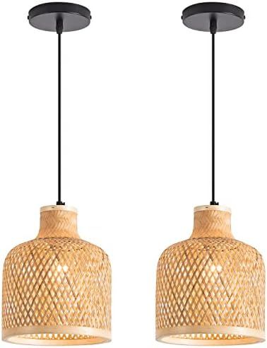 Modern Bamboo Woven Pendant Light Set of 2, 7.8" Coastal Bamboo Natural Pendant Lighting Fixture for | Amazon (US)