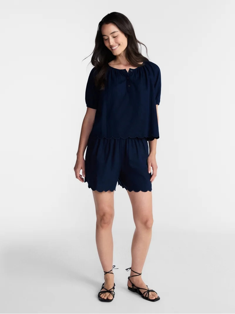 Time and Tru Women's Linen Blend Blouse with Scalloped Hem, Sizes XS-XXXL | Walmart (US)