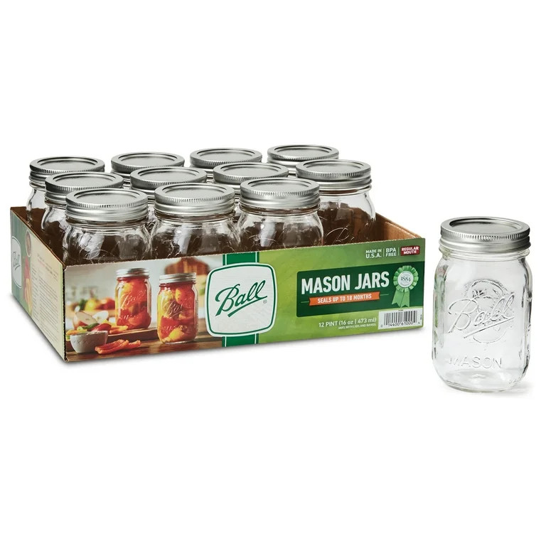 Ball, Glass Mason Jar with Lid & Band, Regular Mouth, 16 oz., 12 Count | Walmart (US)