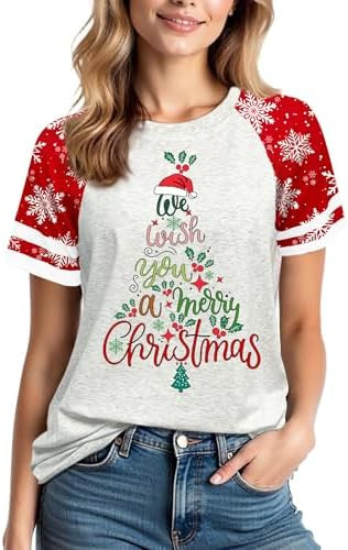 Christmas Shirts for Women: 2025 Fashion Color-Blocking Creativity Botany Cartoon Costumes Short ... | Amazon (US)