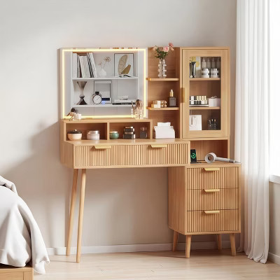 Fluted Vanity Desk with HD Mirror & Lights - Modern Wood Makeup Desk with Adjustable Shelves, 5 Drawers for Bedroom,Natural Oak | Target