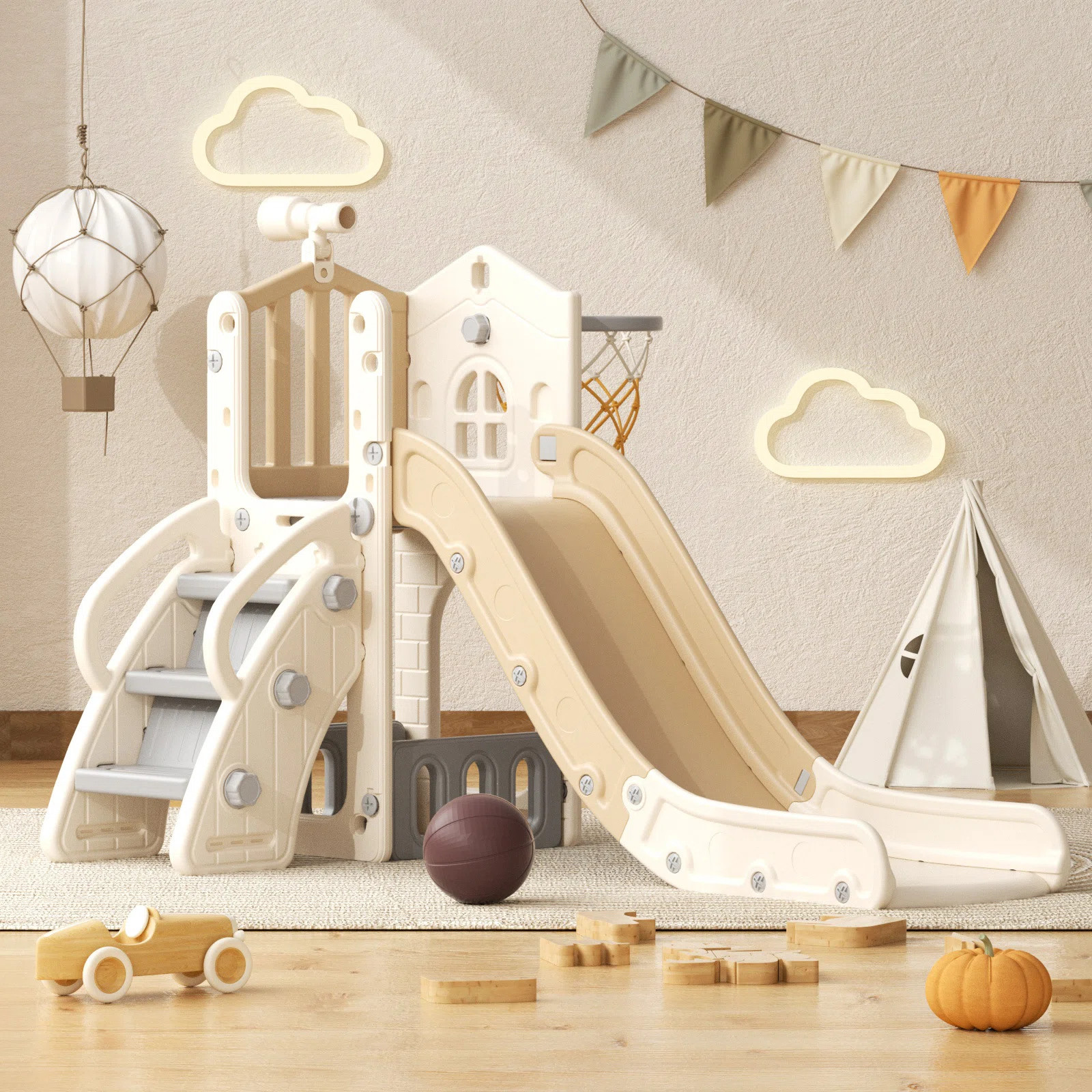 6 In 1 Toddler Slide Playset, Indoor Outdoor Climbing Toy with Basketball Hoop | Wayfair North America