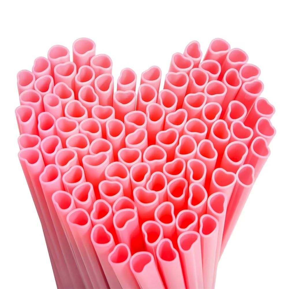 Heart Straws Pink Heart Shaped 100Pcs Cute Plastic Party Individually Wrapped Valentines Wedding ... | Amazon (US)