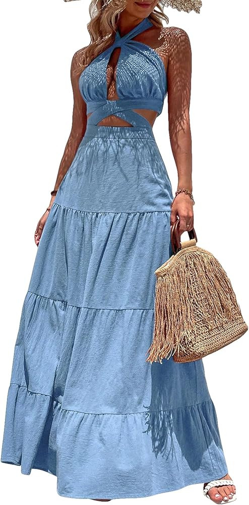 WDIRARA Women's Cut Out Crisscross Sleeveless Tie Backless Ruffle Hem A Line Summer Halter Dress | Amazon (US)