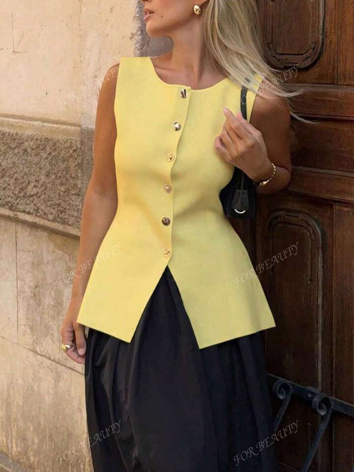 Spring And Summer New Round Neck Button Simple Temperament Urban Modern Knitted Cardigan Vest Butter Yellow Women's Commuting Style Graduation Outfit Sweater Waistcoat Tops | SHEIN